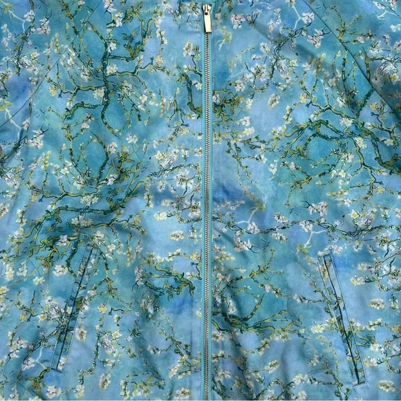 Immersive Van Gogh Cherry Blossom Turquoise Satin Floral Bomber Jacket NWOT - Picture 4 of 8